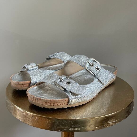 Stuart Weitzman Metallic Silver Leather Sandals | 6.5, Rare Birkinstock Style - Picture 5 of 9